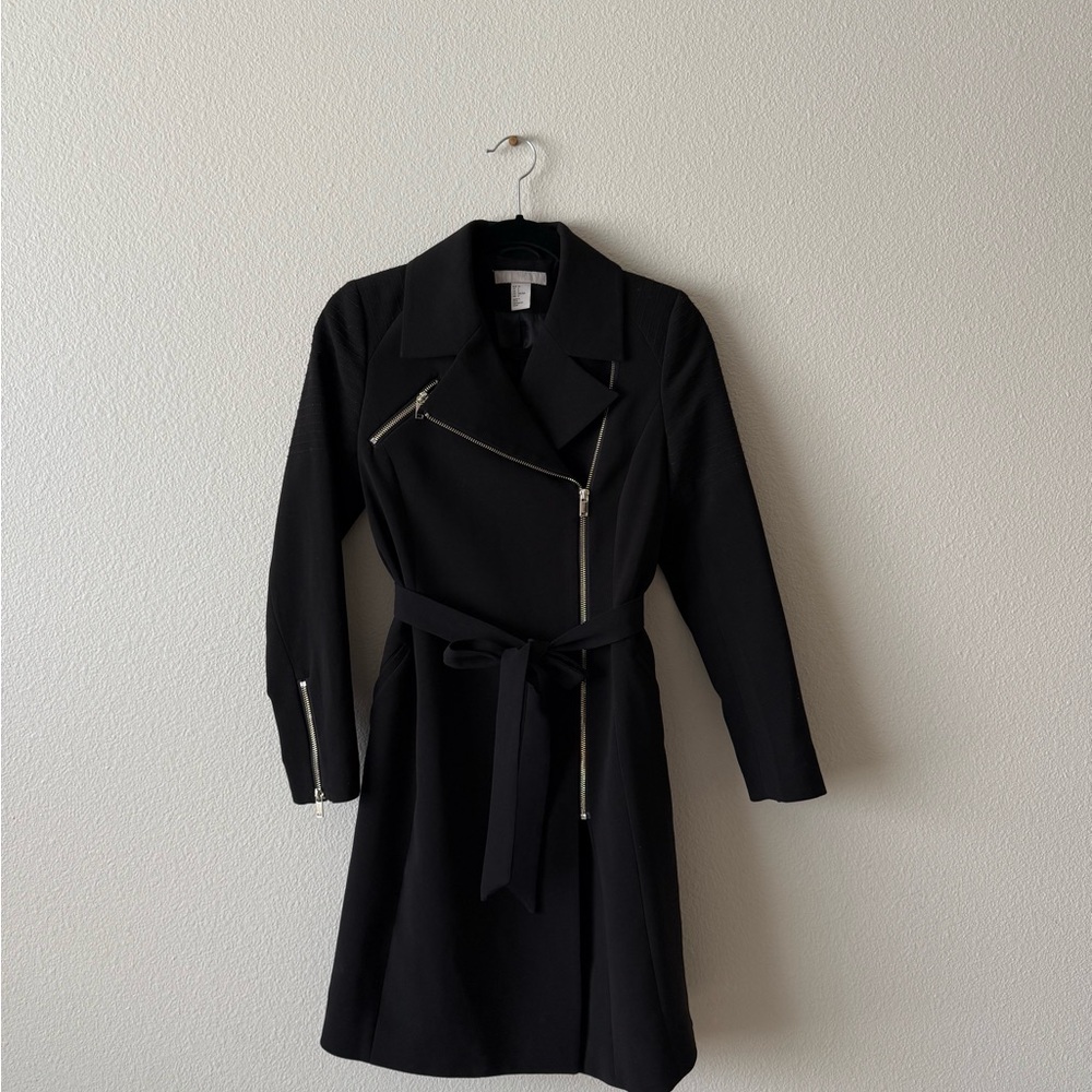 H&M Black women’s jacket trench coat tie waist zip up zipper details